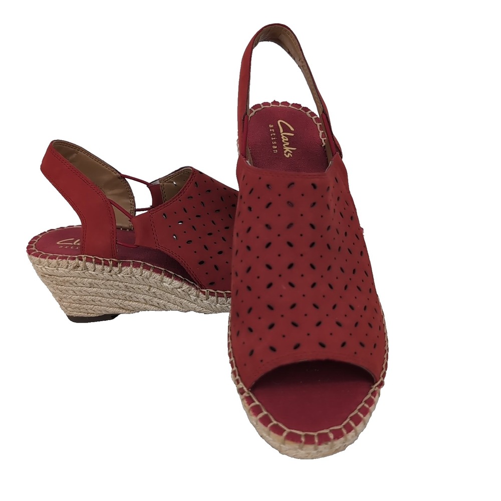 Clarks Artisan Petrina Selma Red Nubuck Perforated Espadrille Wedge Sandals 7M